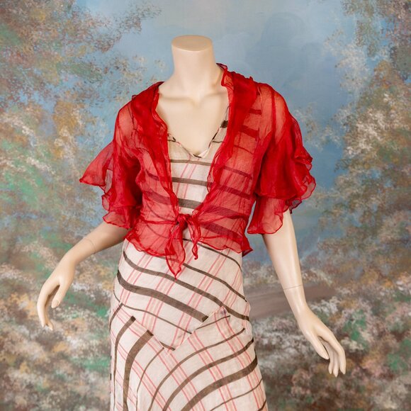 SOLD * 1930s Bias-Cut Plaid Maxi Dress w/Red Sheer Ruffle Overlay Set - Picture 3 of 17